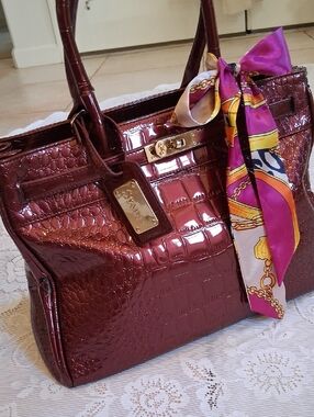 Stauer Patent Burgandy Croc-Embossed Handbag  with Scarf & Key Fob